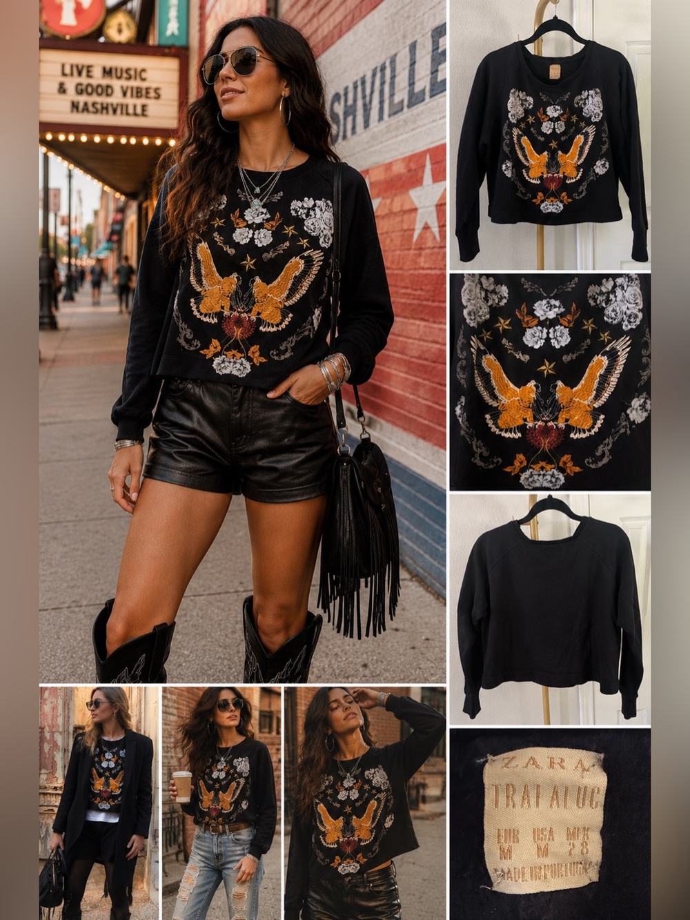 This is a black Zara TRF embroidered eagle sweatshirt.